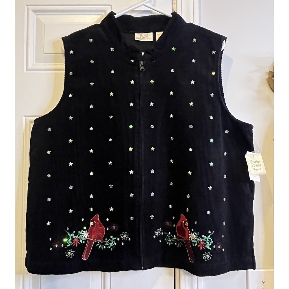 VTG NWT Baxter & Wells Petite XL Corduroy Vest Black Embroidered Cardinal Stars
